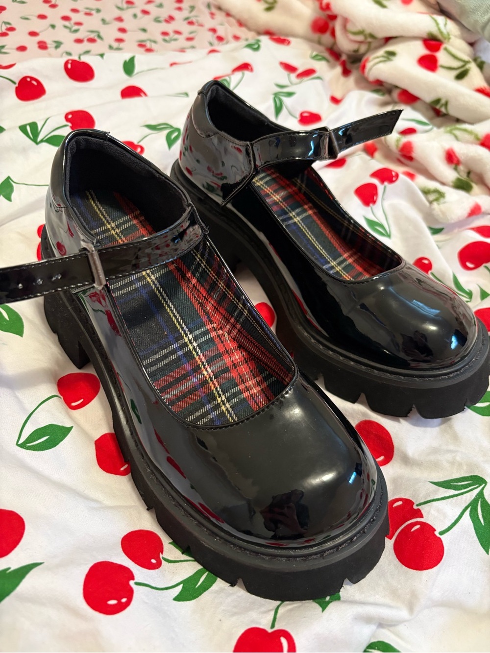 Black Patent Mary Jane Platform Shoes with Tartan Insole